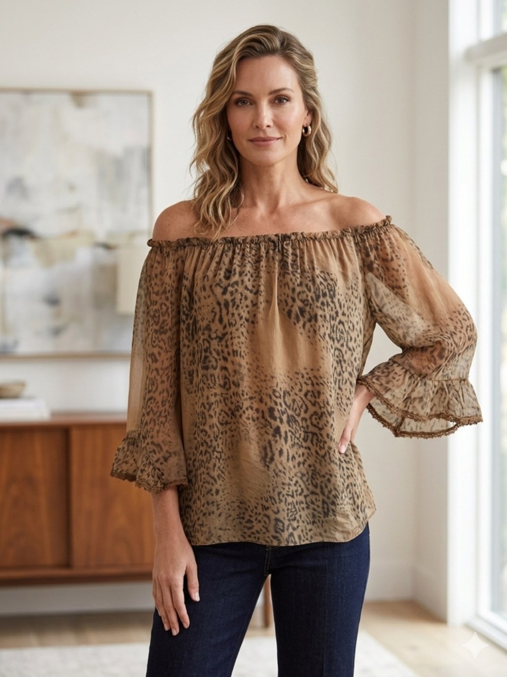 Tempo Paris Off-Shoulder Leopard Print Blouse - Brown silk size small